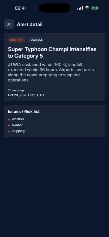 Critical typhoon alert detail with affected sectors