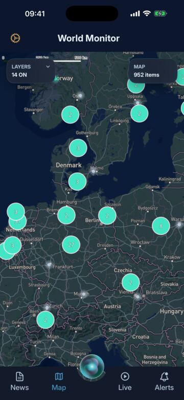 World Monitor live map of Europe with infrastructure, aviation and weather event clusters