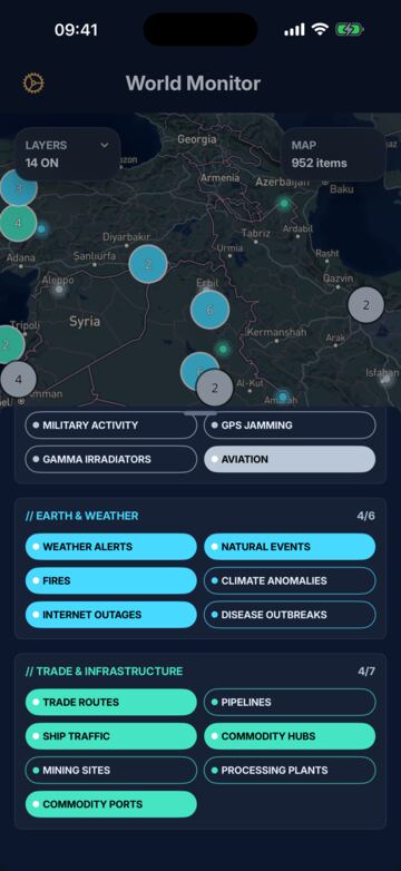 Map filters with weather alerts, fires, internet outages, trade routes and ship traffic layers enabled