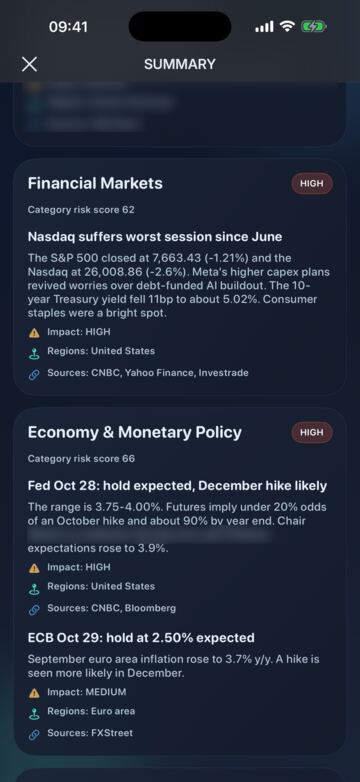 Market and economy intelligence cards with risk scores, impact, regions and sources