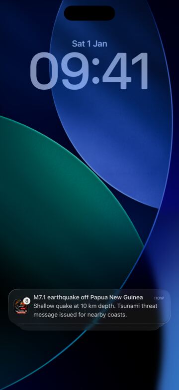 Lock screen with a World Monitor earthquake push notification